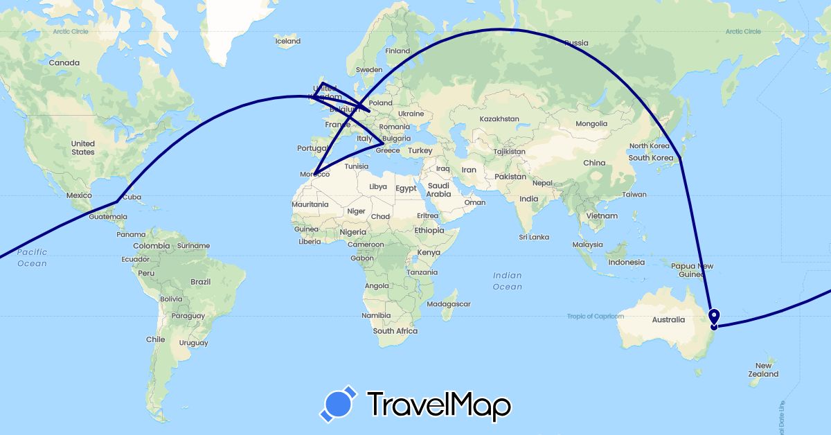 TravelMap itinerary: driving in Albania, Australia, Czech Republic, United Kingdom, Ireland, Japan, Morocco, Mexico, Netherlands (Africa, Asia, Europe, North America, Oceania)